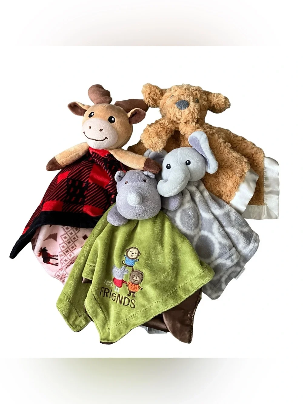 Plush Animal Lovey Blankets Set - Elephant, Hippo, Deer, Puppy - Multicolor